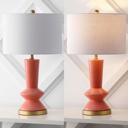 JONATHAN Y 27" Coral/Gold Painting Modern Ceramic Table Lamp for Bedroom Living Room, with White Linen Shade, Glam Geometric Bedside Nightstand Lamp, LED Bulb Included (JYL6607B)