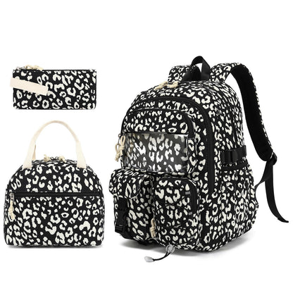Pepailug School Backpack for Girls Boys with Lunch Box and Pencil Case, 3PCS Corduroy Kids Bookbag Set for Elementary Middle High School Bag with Travel Daily Use (Leopard Black)