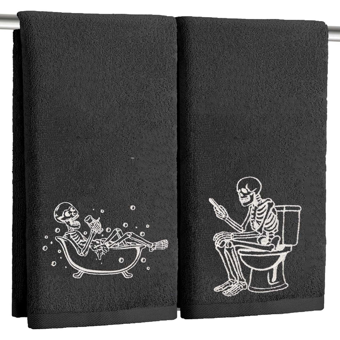 2 Pack Luminous Halloween Hand Towels 100% Cotton Embroidered Skull Halloween Kitchen Towels Glow in The Dark Black Skeleton Bathroom Towels Seasonal Bathroom Decor (Black Skeleton, Halloween)