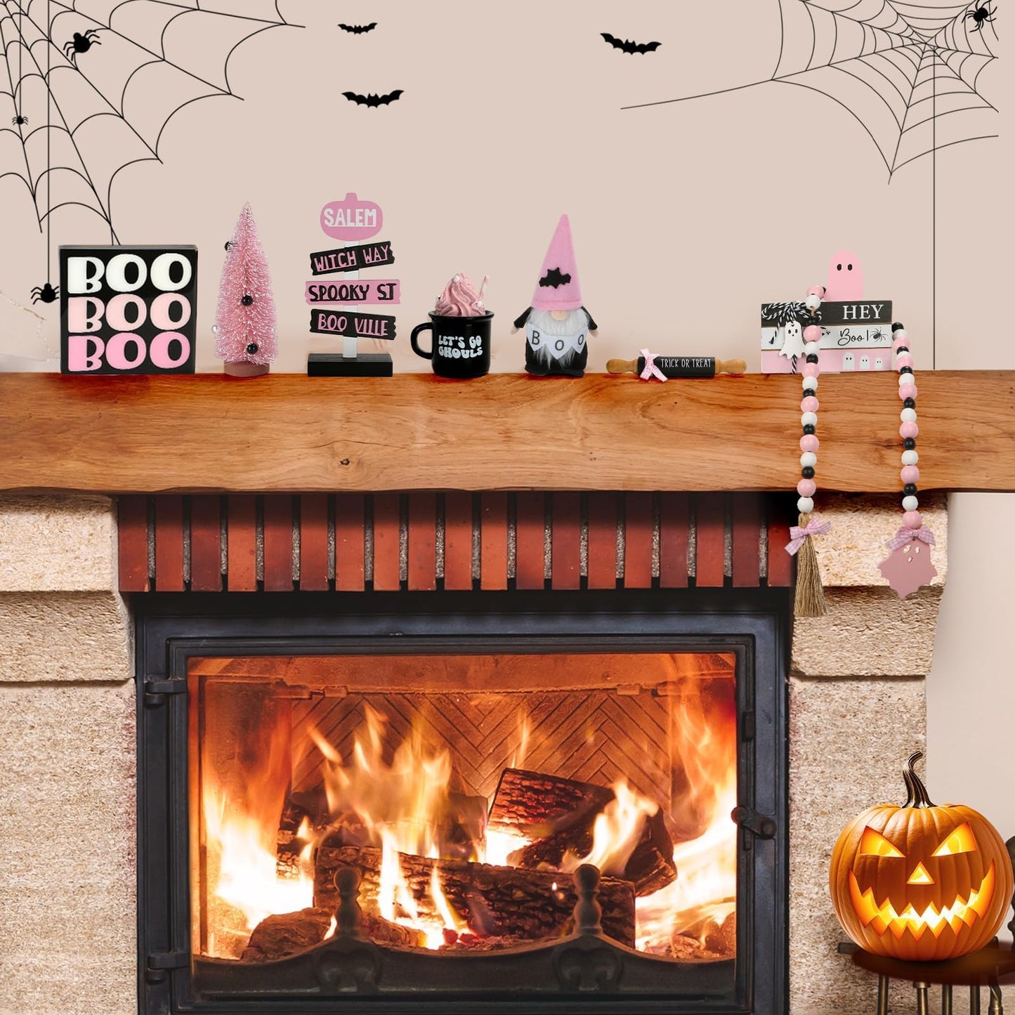 Pink Halloween Decorations 8PCS Tiered Tray Decor, Cute Girlie Tabletop Halloween Decor for Home Office Tray Shelf Mantel Office Table Centerpieces Farmhouse Rustic Spooky Wood Signs