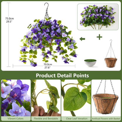 Homsunny Artificial Fake Hanging Flowers Plants Basket for Outdoor Decoration, Faux Silk Flower Bougainvillea Planter Look Real UV Resistant for Home Porch Patio Balcony Yard Spring Decor(Purple)