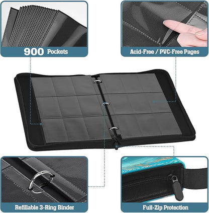 Trading Card Binder, 3-Ring Zippered for Standard 2.5"x3.5" TCG and Sports Cards, 9-Pocket Double-Sided Pages, 50 Sheets/900 Pockets, Acid-Free PVC-Free, PU Cover, Wrist Strap - Lake Art Design
