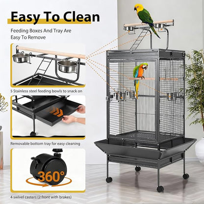 64.4" Tall Large Bird Cage, Metal Parrot Cage with Rolling Stand, Play Top & Bowls - Bird Aviary for Parrots, Parakeets, Conures, Cockatiels, Indoor Outdoor Aviary for Outside Porch Garden Yard