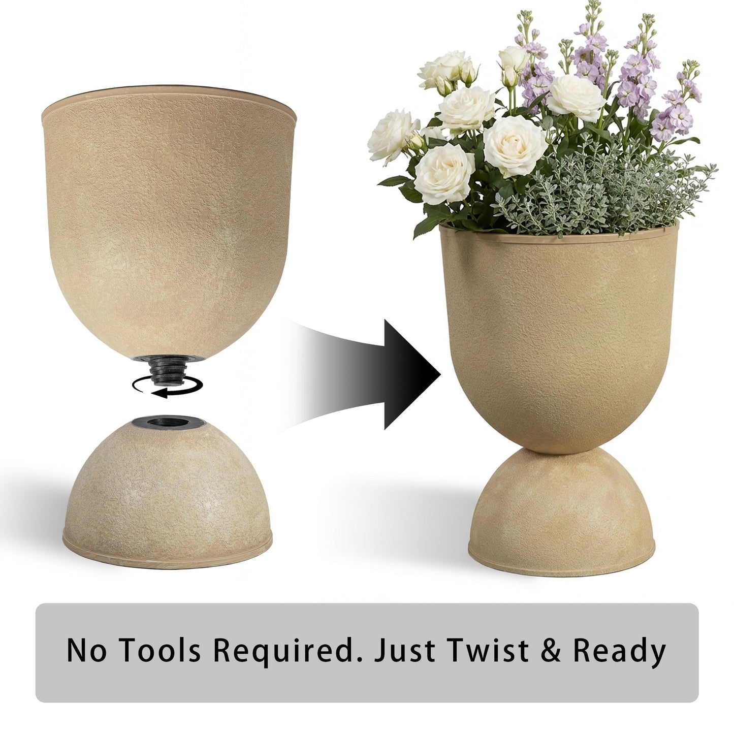 Casaphoria 2-Pack 23" Tall Planters for Outdoor Plants, 16" Large Plastic Flower Pots with Drainage, Lightweight Antique Shape Planters for Front Porch, Patio, Deck (Beige)