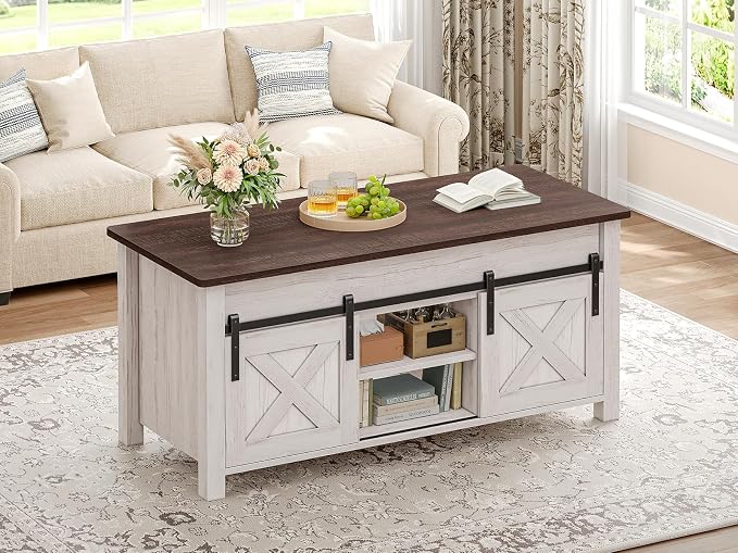SEDETA Lift Top Coffee Table, Farmhouse Lift Tabletop Dining Table, Gas Spring, Hidden Compartment, Open Storage Shelf, for Living Room, Vintage White