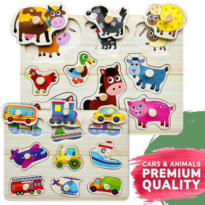 QUOKKA Wooden Puzzles for Toddlers 1-3 - 6XSET Toddler Puzzles Ages 2-4 with Rack - Learning Alphabet - Numbers - Animals Montessori Toy for Kids 3-5 - Wood Games Gift for Boys and Girls