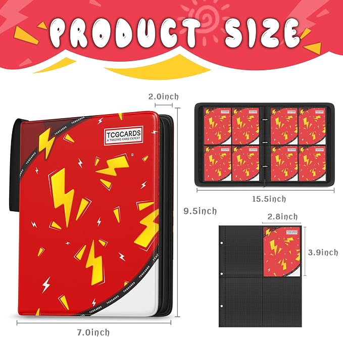 Trading Card Binder 4 Pocket,Card Binder 400 Pockets,Card Book Holder Cards with 50 Removable Sleeves,3-Ring Zip Design MTG/TCG/Sport Collectible Trading Card Albums Gifts for Boys and Girls(Red)