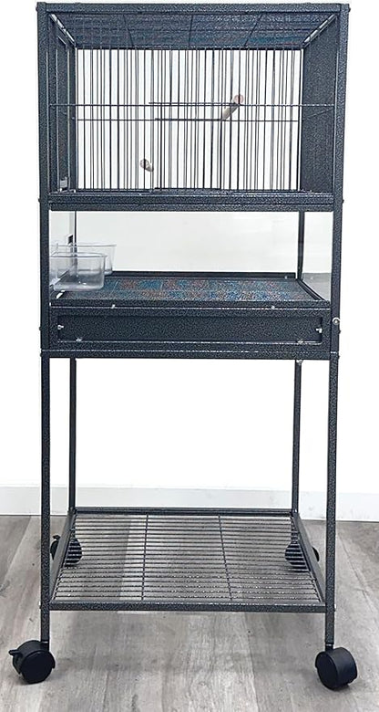 Elegant Sturdy Wrought Iron Bird Parrot Flight Cage Front Door Side Nesting Doors Acrylic Clear Bottom Prevent Food Spillage Storage Shelf Removable Rolling Stand Lockable Wheels