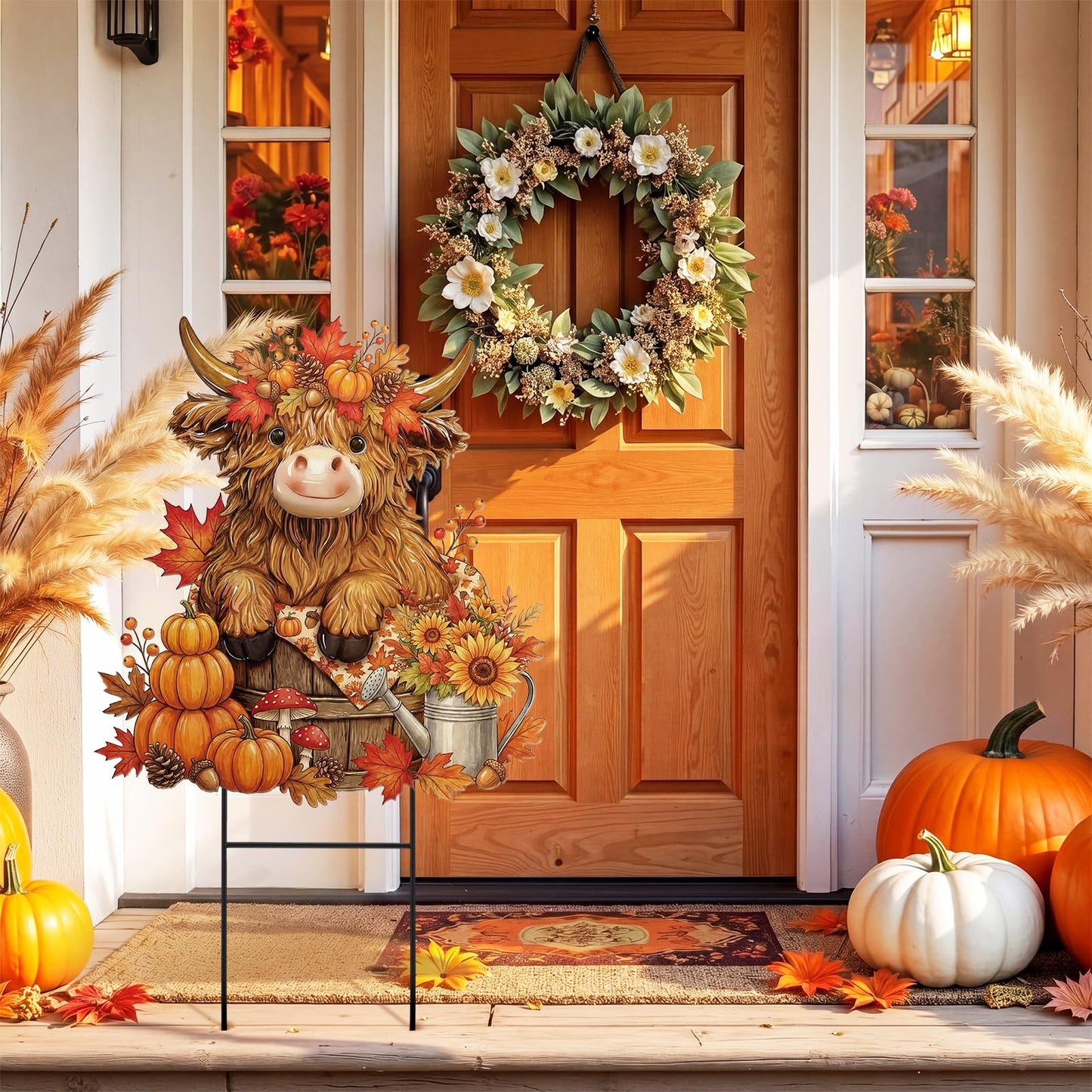 Amyhill Fall Highland Cow Outdoor Decor Autumn Harvest Highland Cow Metal Garden Stakes Fall Pumpkin Maple Leaves Farmhouse Outdoor Yard Signs for Home Lawn Porch Patio Thanksgiving Decor