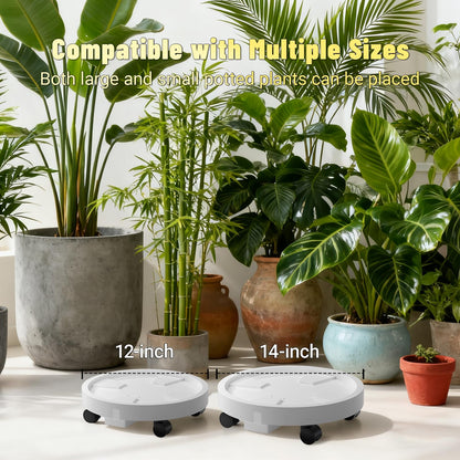 Tappio 2 Pack 14" and 12" Plant Caddy with Hidden 360°Wheels, Plant Stand Rolling Saucer with Drain Hole, Flower Pots with Removable Drainage Tray for Indoor Outdoor, Lockable Wheels