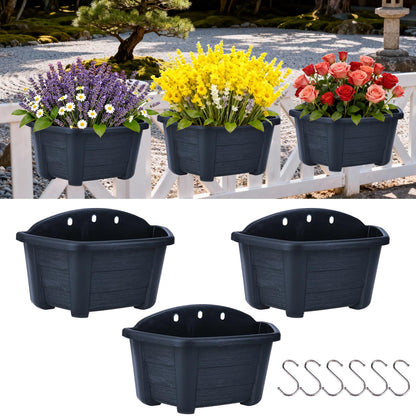 summer flower 3 Pack Hanging Planters for Railing, 9.84 Inch Plastic Window Box with Drain Hole Plug, Indoor Outdoor Flower Pots for Balcony Fence Garden Decor (Black)