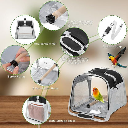 Small Bird Carrier, Large Window Travel Cage with Stand and Easy Clean Tray for Parrot Parakeet Cockatiels, Lightweight and Portable, Black