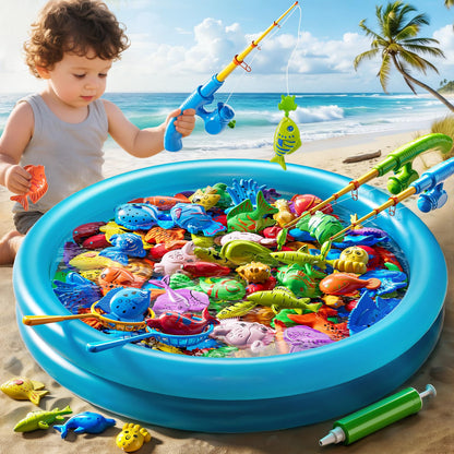 PEADUCK Magnetic Fishing Game Pool Toys for Toddlers 3-5, Water Table Bathtub Toys with Inflatable Pool Pole Rod Net Plastic Floating Fish, Outdoor Toys for Kids Boys Girls Age 3 4 5 6 7 8 Year Old