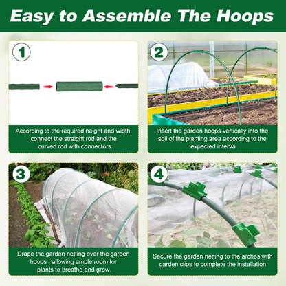 Fippy Garden Netting Kit, 10 X 50FT Garden Netting Pest Barrier with 10 Sets Garden Hoops and 20pcs Clips, Insect Netting Row Cover for Raised Beds Vegetable Fruits Flowers Protection