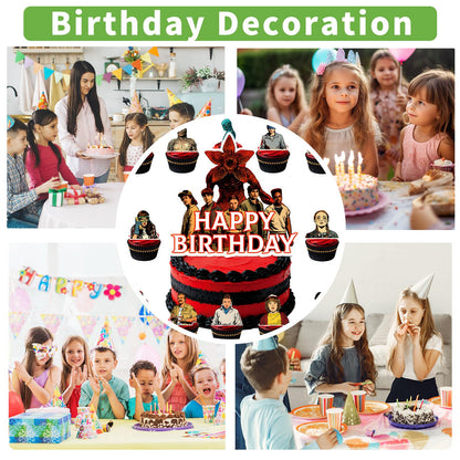 25 Pcs TV Series Character Happy Birthday Cake Toppers, Horror Theme Cake Topper, Includes 1 Happy Birthday Topper and 24 Dessert Decorations.
