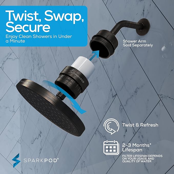 SparkPod 23-Stage Filtered Shower Head, 8" Round, Oil-Rubbed Bronze | Filtered Shower Head for Hard Water Filter, High Pressure, Reduces Chlorine, Heavy Metals, For Dry Skin & Hair