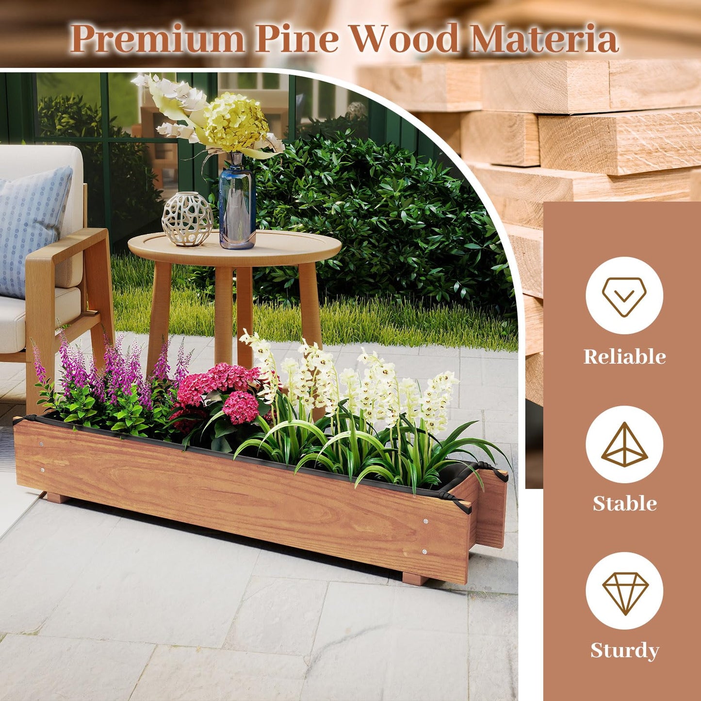 HAPPYGRILL Wooden Raised Garden Bed, Solid Wood Gardening Plant Container w/Drainage Holes for Flower Vegetable Fruit, Outdoor Elevated Planter Box for Patio Garden Yard Balcony (25”x 16”x 15”)