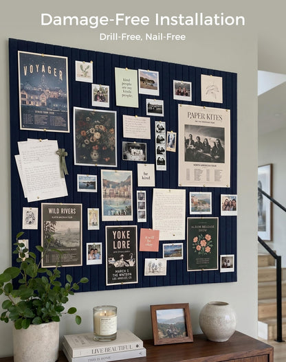 Aothia 12-Pack Felt Bulletin Board Tiles 48"x36", Modular Pin Board for Smooth Walls, Cork Board Alternative for Notes & Photos, 0.35" Thick, 70 Adhesive Tabs & 40 Pins, Navy Blue