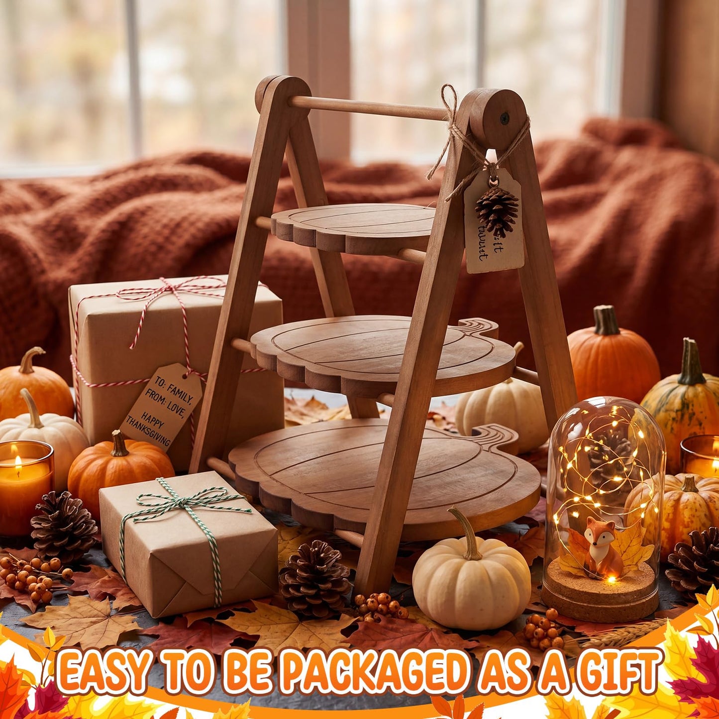 Marsui 3 Tier Pumpkin Serving Trays Wooden Shaped Pumpkin Platters 12'' 10'' 8'' Charcuterie Plate Board Reusable Party Serving Plate for Halloween Fall Party Decoration