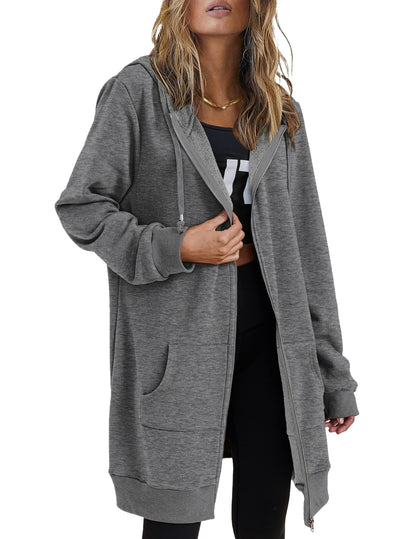 Zeagoo Women Long Zip Up Hoodies Fleece Tunic Sweatshirt Casual Hoodie Jacket with Pockets,dark grey,L
