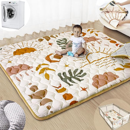 Baby Play Mats for Floor, 71”x59” Upgraded Thickness & Larger Super Soft Playmat for Babies and Toddlers, Foldable Washable, Upgrade Anti-Slip Crawling Mat for Playpen(Boho Nature)