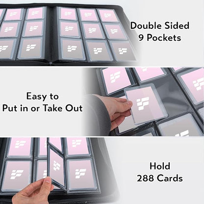 Top Loader Binder,Holds 288 Cards in 3"x4" Toploaders, Trading Card Binder 9 Pocket for TCG, MTG, YGO, Game Cards, Sports Cards(Silver gray)
