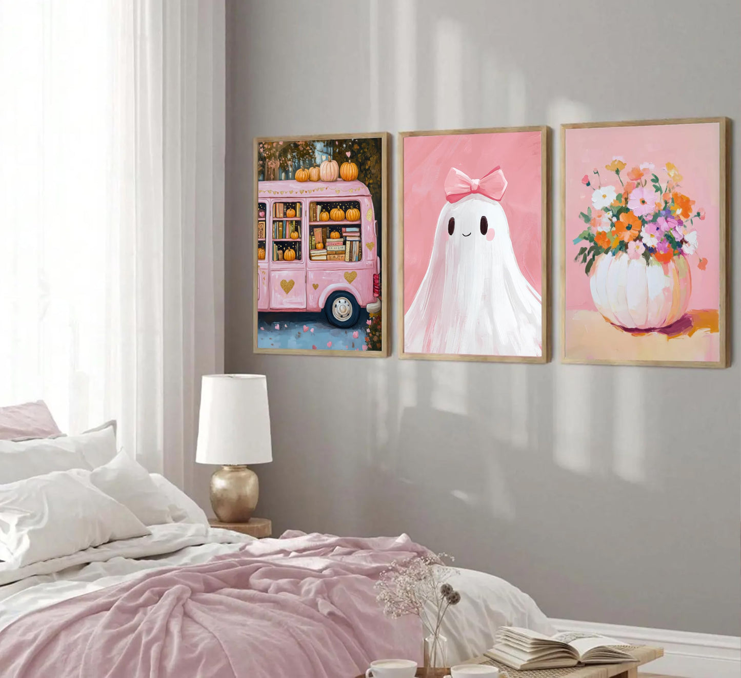 3Pcs Pink Halloween Wall Art Cute Bow Ghost Poster Prints Fall Harvest Pumpkin Flower Canvas Picture for Halloween Girls Room Dorm Nursery Playroom Wall Decor 16X24in Unframed
