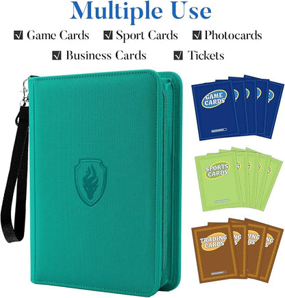 Fabmaker Premium 4 Pocket Zip Card Binder, Trading Card Binder for 320 Cards, Portable PU Card Collection Binder, Collector Card Album Folder for Game & Sports Cards (Turquoise)