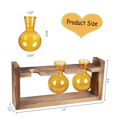 Kingbuy Plant Terrarium with Wooden Stand, Glass Planter Desktop Propagation 3 Bulb Vase Metal Holder Retro Rack for Hydropoincs Plants Home Office Decor, Brown