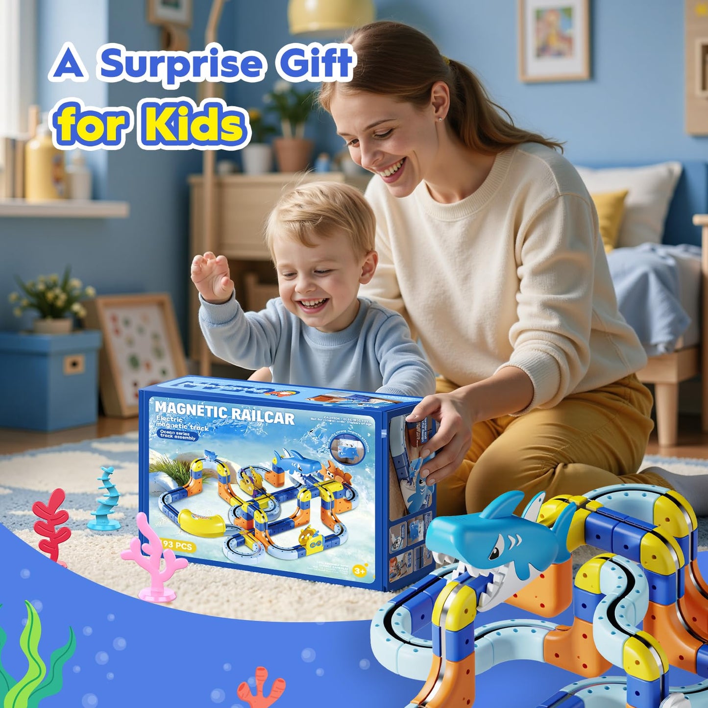 SnapGlowz 193PCS Magnetic Train Set: Shark Toys 3D Infinity Racer Electric Train Set for Kids Flexible Cube Rail Train Track with Anti-Gravity Train STEM Toys Gifts for 3 4 5 6 7 8 Year Old Boys Girls
