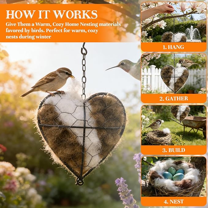 Handmade Alpaca Fiber Bird Nesting Heart,Refillable Hummingbird Nest Holder,Birds Nests Material Holder,Winter Tree Shelter for Wild Bird,Hummingbird Houses Nest Boxe for Bird Lovers