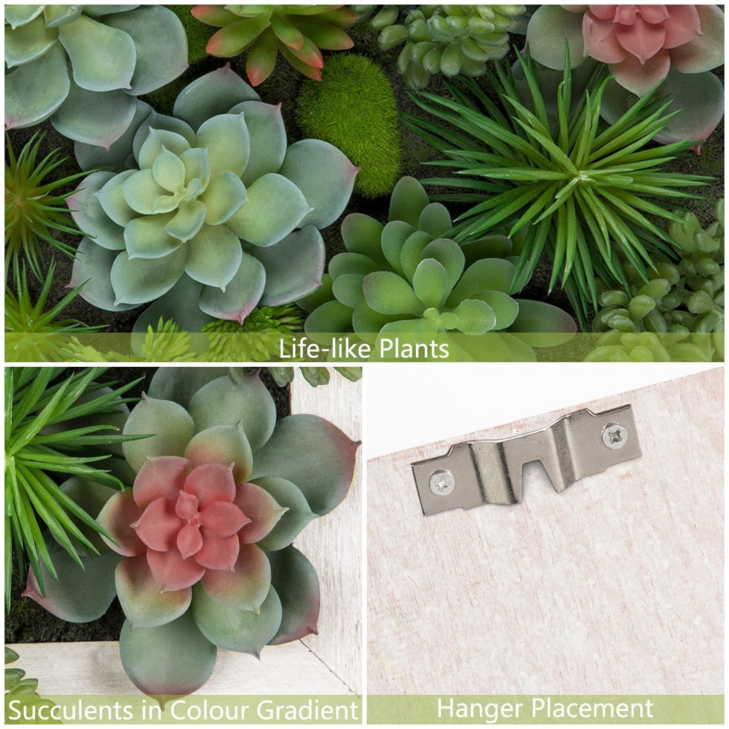 GnFlus Hanging Wall Artificial Plants Decor Fake Succulent Arrangement with Moss and Rectangle Wooden White Frames Faux Plants Hanging Boho Decor for Farmhouse Living Room Bedroom Home Indoor