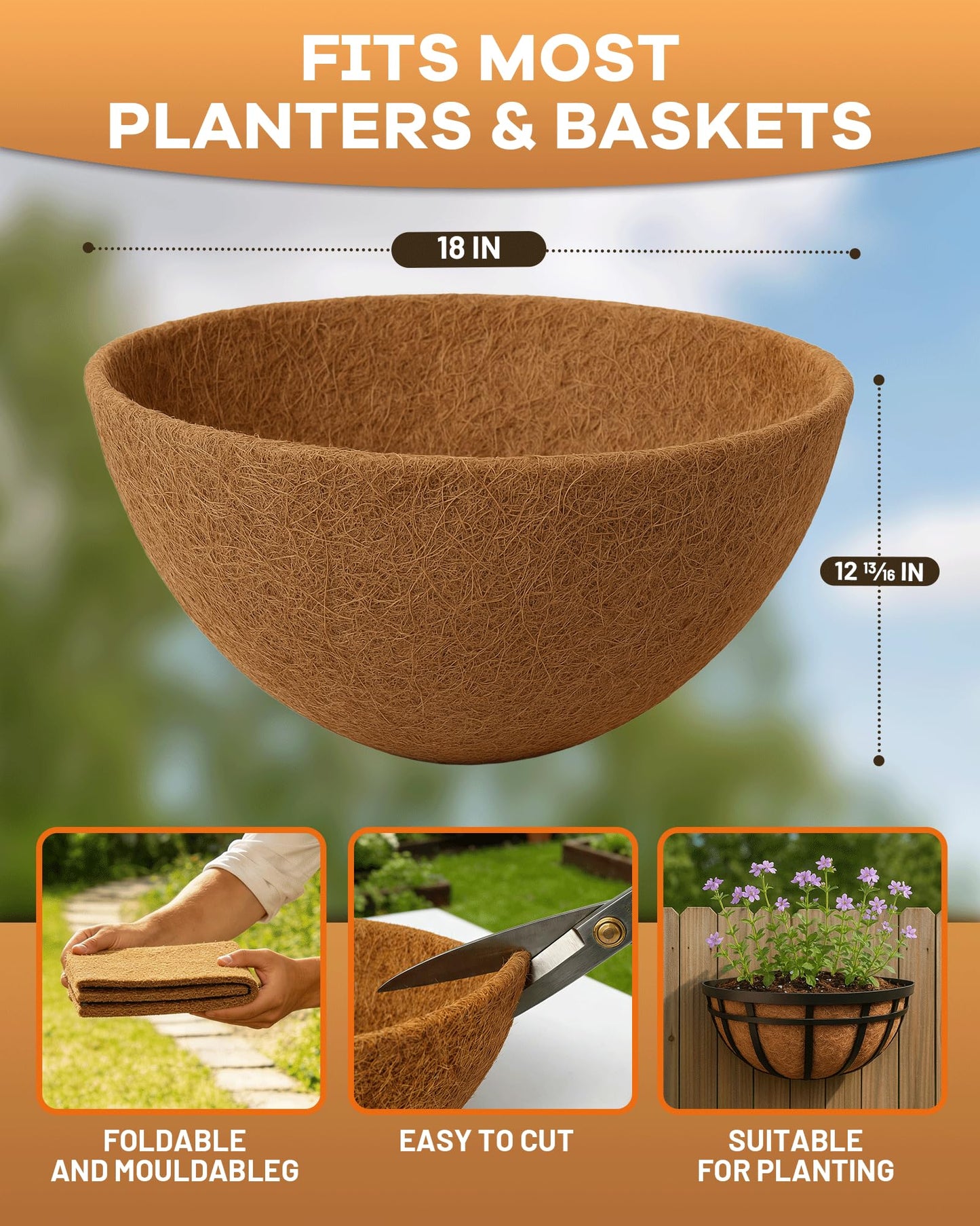 gardmate 18 Inch Coconut Fiber for Plants, Round Pre-Formed Coco Planter Liner, Pack of 2 | Thick Natural Coconut Fiber Basket Liners for Hanging Planters, Window Boxes & Pet Nesting