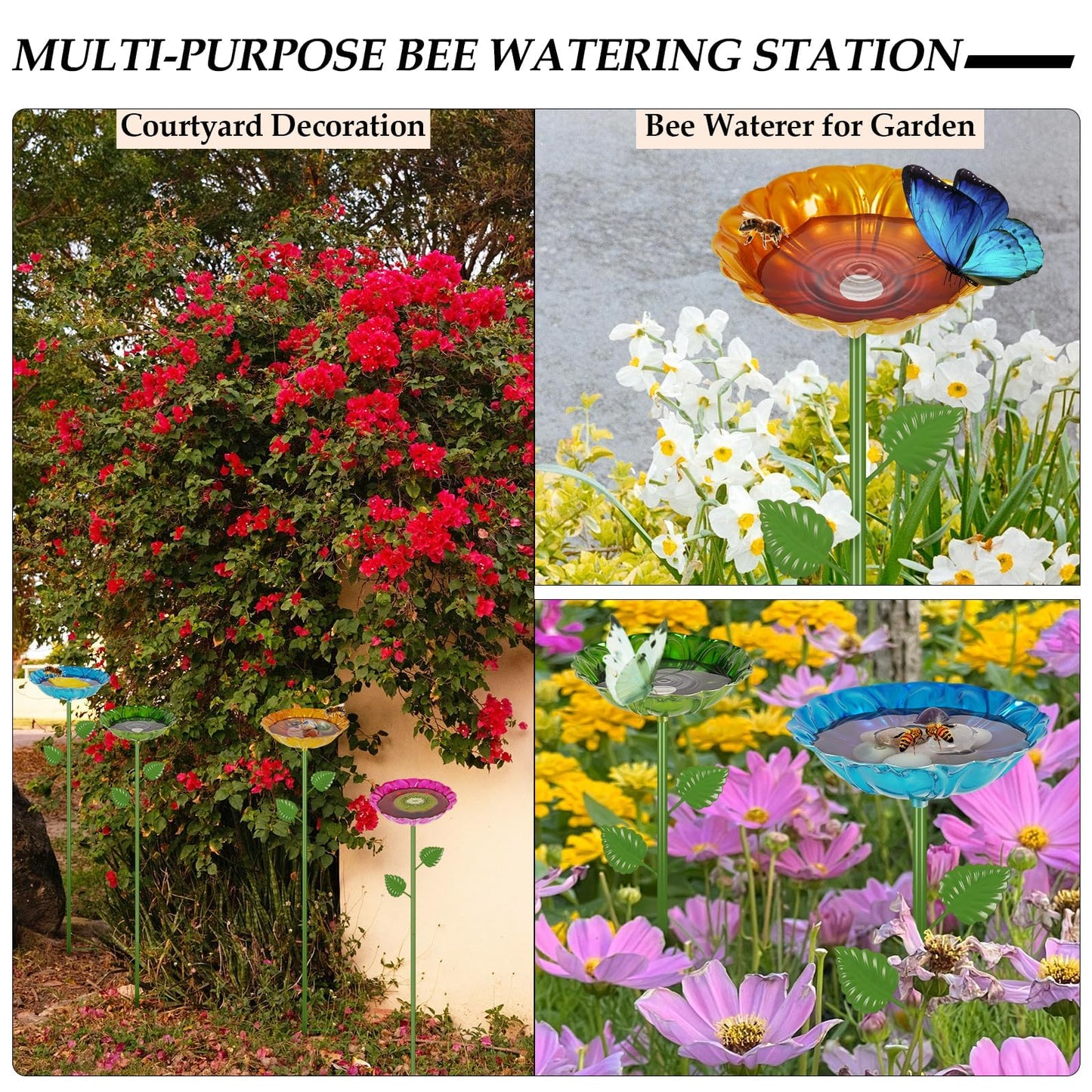Retyion Bee Watering Station | 2 Pack Bee Baths for Garden | Metal Flowers Decorative Garden Stakes | Butterfly Feeder for Outside Garden Yard Decor (Blue,Yellow)