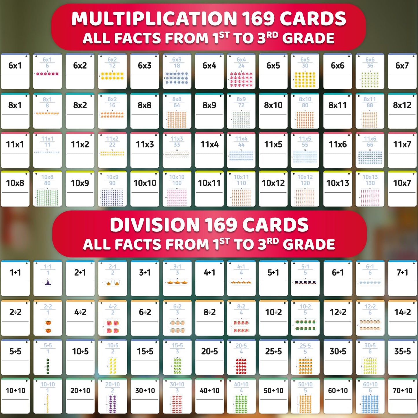 QUOKKA Multiplication and Division Flash Cards for Kids Ages 4-8 – 338 Math Flashcards for Kids 5-7 - Visual Aids | Sorting Rings | Reference Cards – Math Games 1st to 3rd Grade for Classroom & Home