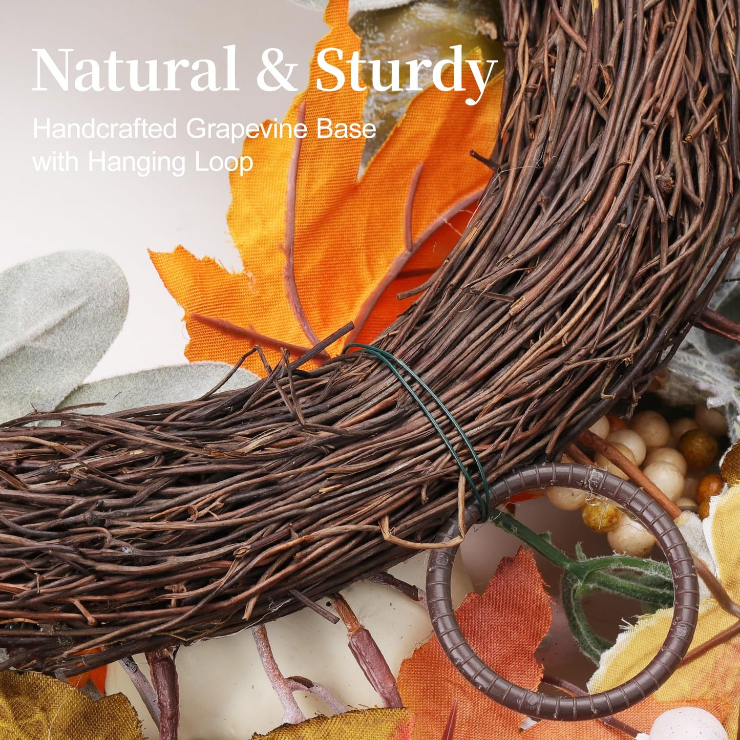 MAINGKAUNG Artificial Fall Wreath 22 Inch Fall Wreaths for Front Door with White Pumpkins Oeange Maple Leaves Lamb's Ear and Berries Autumn Wreath Thanksgiving Harvest Wreath for Festival Wall Porch