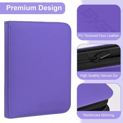 BYSTER 4 Pocket Card Binder, Premium PU Trading Card Binder with Zipper, 160 Capacity Side-Loading Binder for TCG, MTG, Sports Cards, Game Cards, Purple