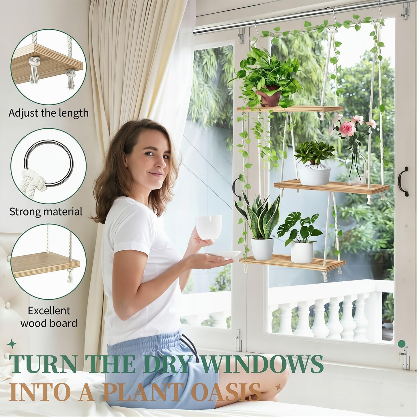 Window Plant Shelves, 3-Tier Boho Window Sill Plant Shelf with 35 Inch Macrame Plant Hanger, Indoor Hanging Wood Window Plant Hanger for Herb Garden, Flower, Micro Greens, Seedling Pots Display Stand