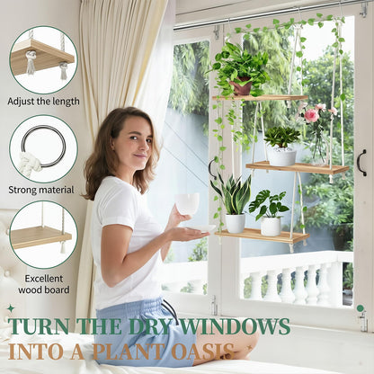 Window Plant Shelves, 3-Tier Boho Window Sill Plant Shelf with 35 Inch Macrame Plant Hanger, Indoor Hanging Wood Window Plant Hanger for Herb Garden, Flower, Micro Greens, Seedling Pots Display Stand