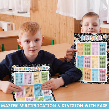 BEAWART Multiplication Chart, 2 Pcs Educational Math Posters for Classroom, Laminated Multiplication & Division Poster, Back To School Mathematics Bulletin Board Must Haves, Composition Notebook