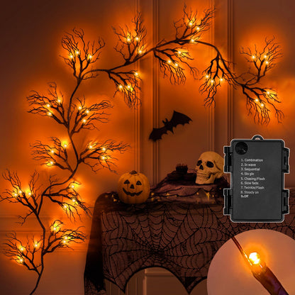 [ 8 Modes & Timer ] 6 Ft 45 LED Halloween Willow Vine Twig Garland Decorations with Orange Lights, Halloween Garland with Battery Operated Waterproof for Home Indoor Wall Fireplace Mantle Decor