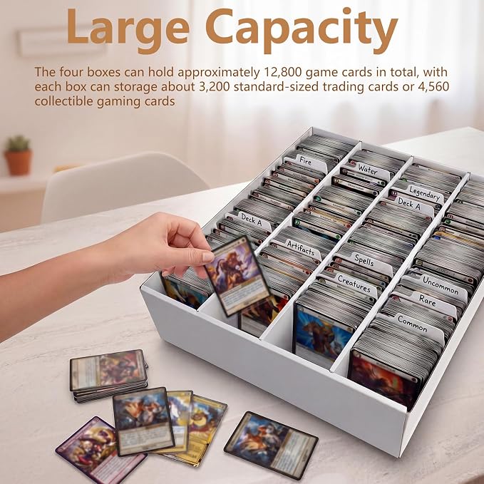 RLAVBL 4 Pack Trading Card Storage Box, 3200 Count Cardboard Card Boxes with Dividers for Sports, MTG, TCG, Toploader, 4 Row