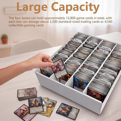 RLAVBL 4 Pack Trading Card Storage Box, 3200 Count Cardboard Card Boxes with Dividers for Sports, MTG, TCG, Toploader, 4 Row