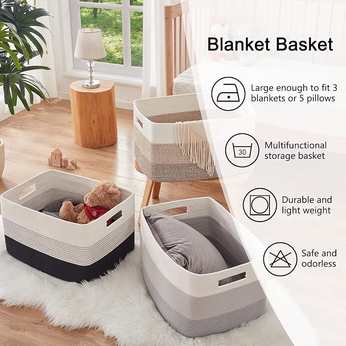 OIAHOMY Large Blanket Basket, 22”x17”x12” Rectangle Woven Baskets, Nursery Blanket Storage Living Room, Toy Storage With Handle, Large Baskets for Organizing-Gradient Black