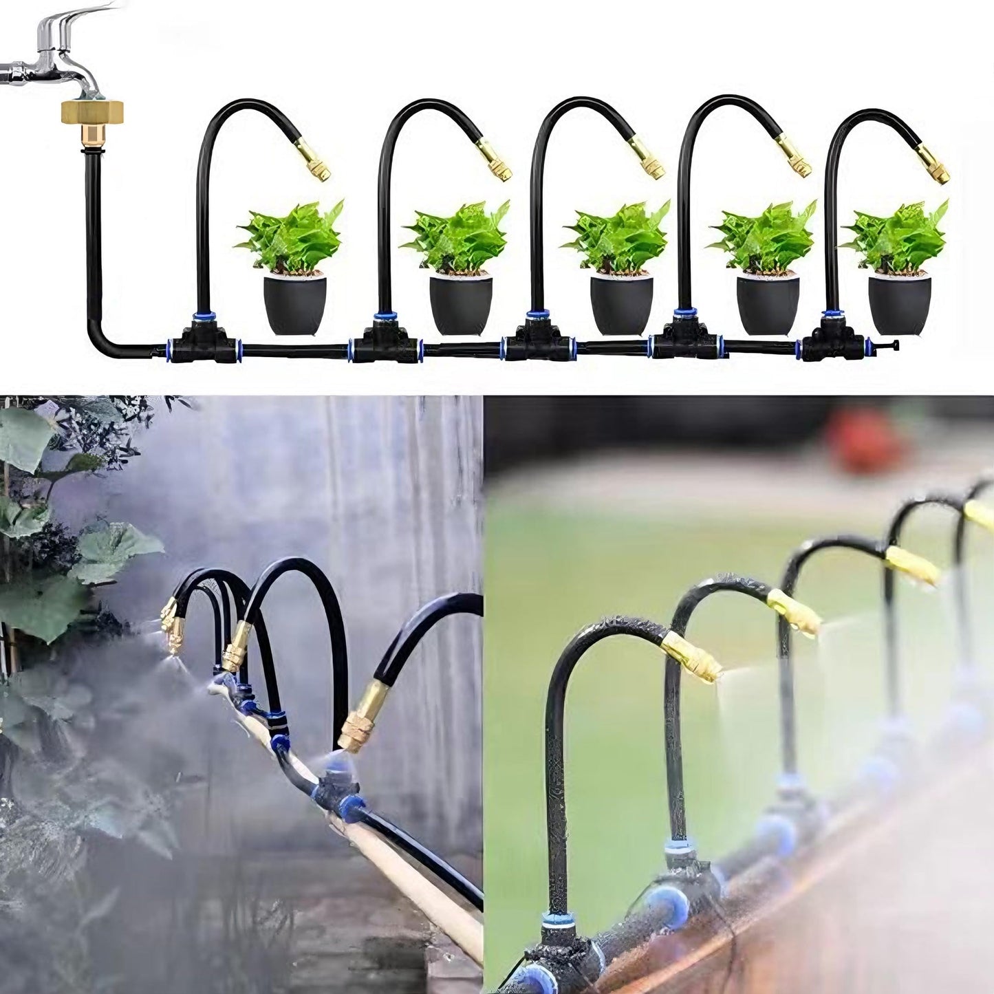 30FT 360° Mist Spray Drip Irrigation System - Garden Watering Kit with 10 Fine Mist Nozzles, Adjustable Atomizing Sprinkler for Greenhouse, Potted Plants, Raised Beds, Yard, 1/4 inch Hose