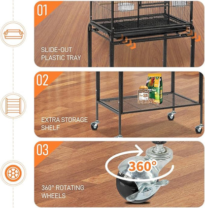Outvita Bird Cage, 53" Large Metal Flight Bird Cage with Rolling Stand & Storage Shelf for Parrots Lovebird Cockatiel Parakeets Pigeon(Black)