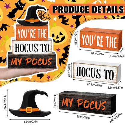Yuntau 4 Pcs Halloween Hocus Pocus Table Decor Witch Hat Wooden Signs Distressed You're the Hocus to My Pocus Tabletop Centerpieces Witch Tiered Tray Decor Rustic Halloween Decorations for Home Desk