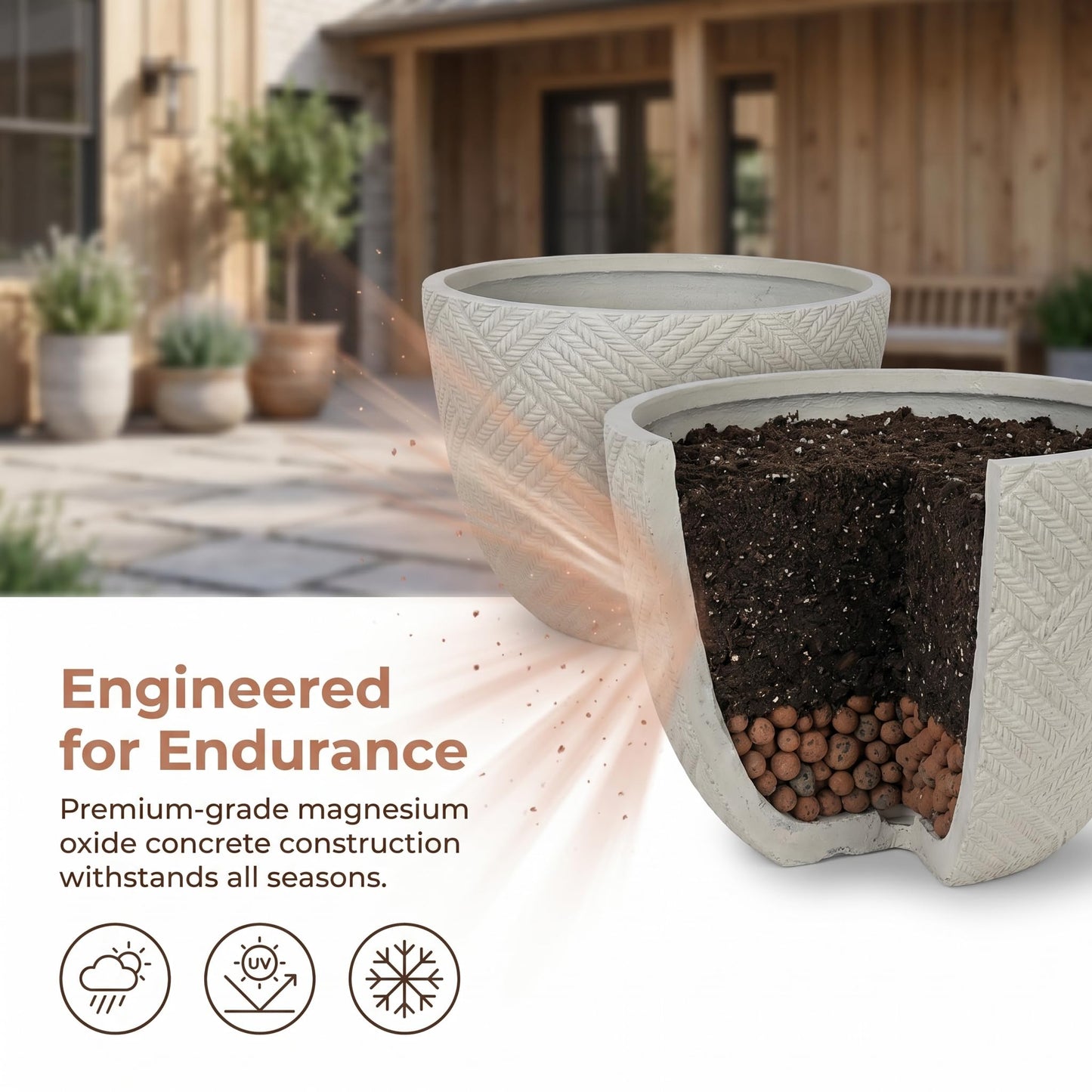 Set of 2 Large Oxide Magnesium Concrete Planters (15" & 18") - Round Grey Rustic Flower Pots with Drainage Holes, Handcrafted Outdoor Indoor Plant Containers for Patio, Front Porch, Garden Decor