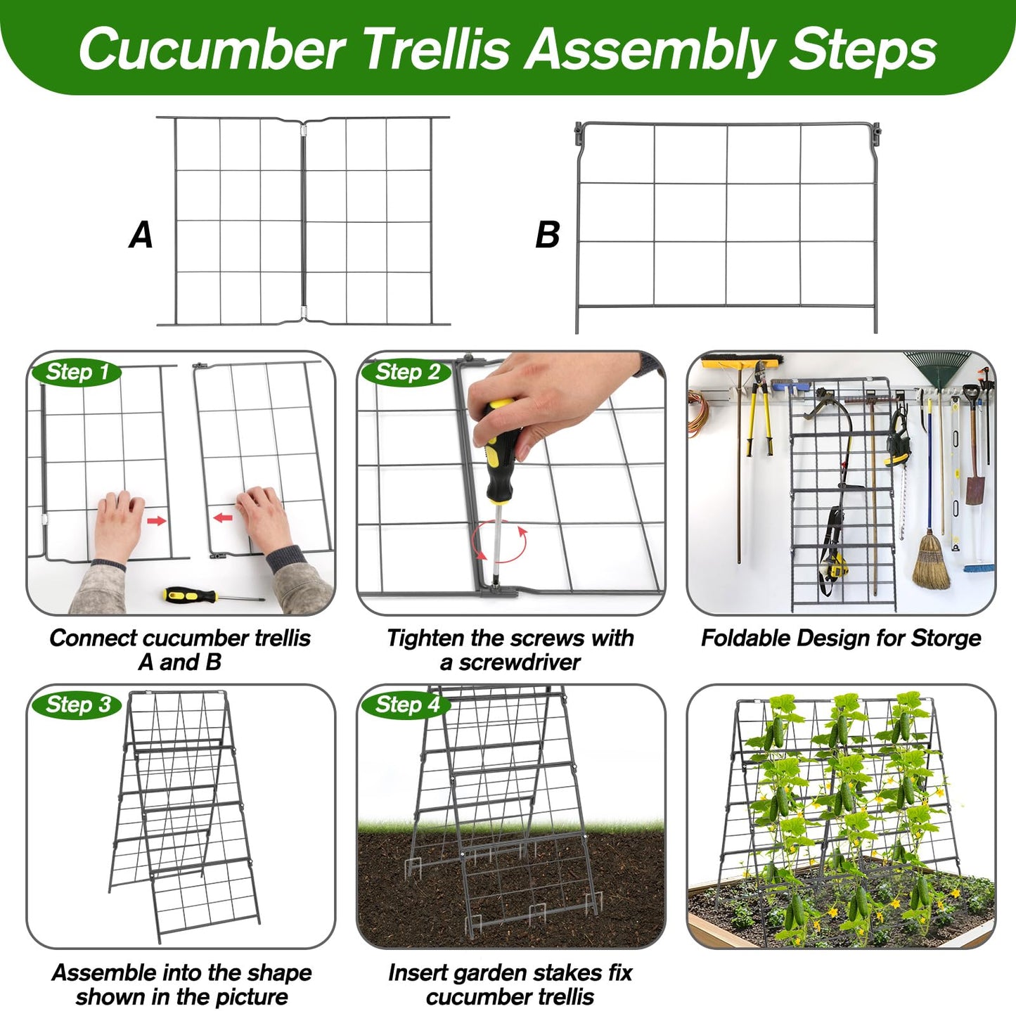 Cucumber Trellis for Raised Bed A Frame Metal Garden Trellis for Climbing Plants Outdoor, 42 x 16IN Foldable Coated Steel Cucumbers Trelli, Easy to Install Cucumber Trellis for Vegetable Fruit