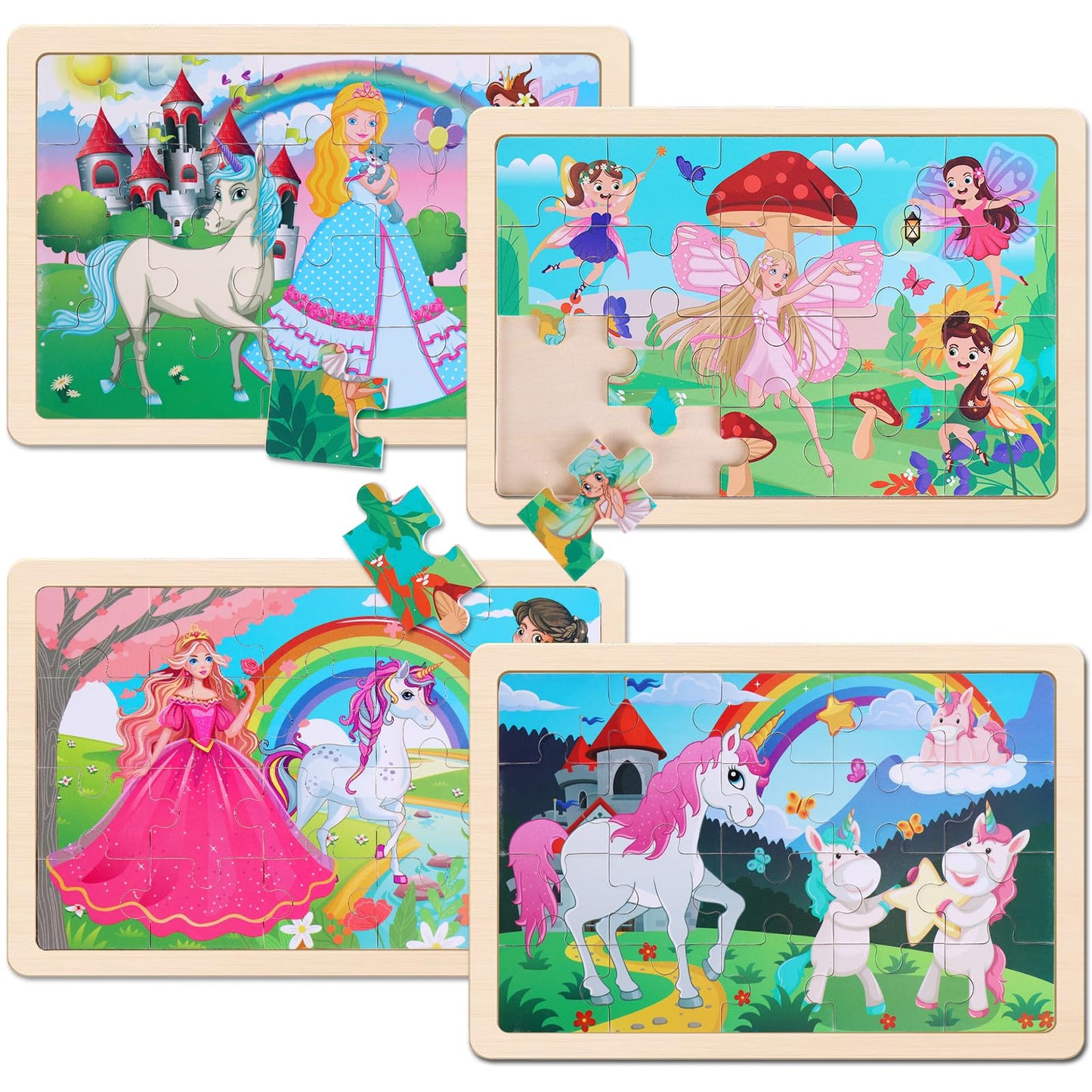 Wooden Educational Jigsaw Puzzles for Preschool Kids Ages 3-5, 4-Pack with 20 Pieces Unicorn Princess Wood Puzzles Set, Toddler Brain Teaser Toys, Preschool Gifts for Boys Girls Ages 3 4 5 6